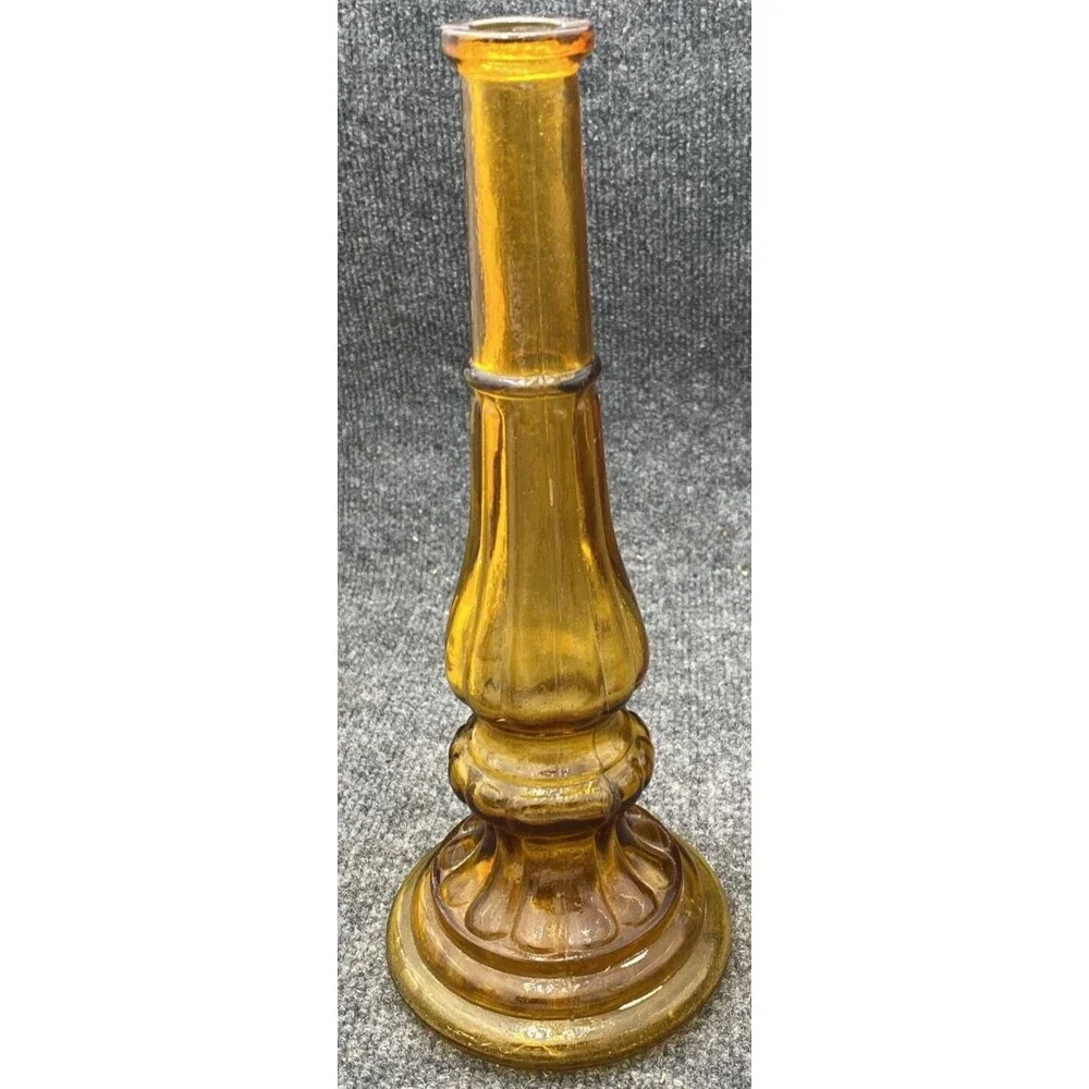Vintage Empoli Italy Amber Glass Candlestick Holder Column Bud Vase MCM 12